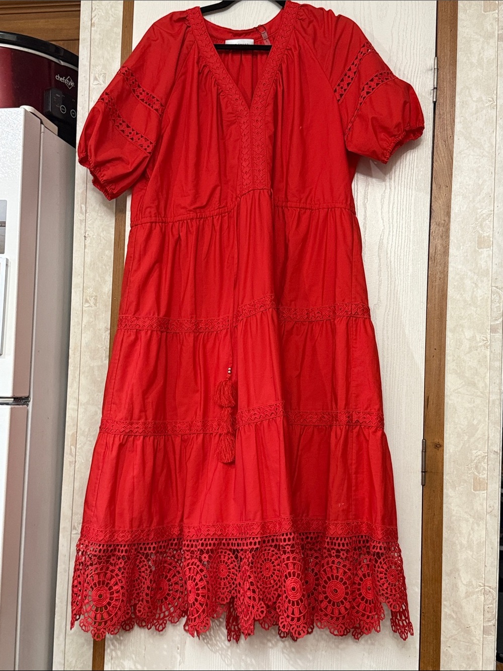 Elie Tahari Red Tiered Cotton Midi Dress with Lace Hem